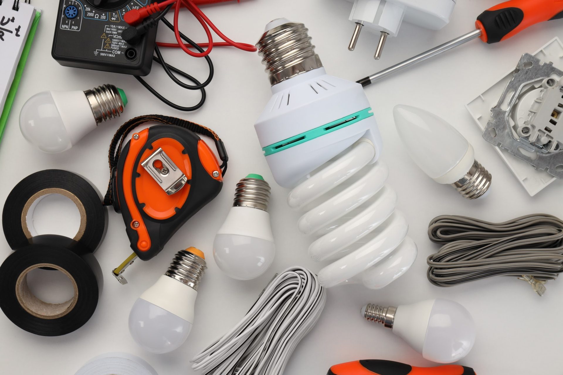 Concept of electrician or electrical tools, top view